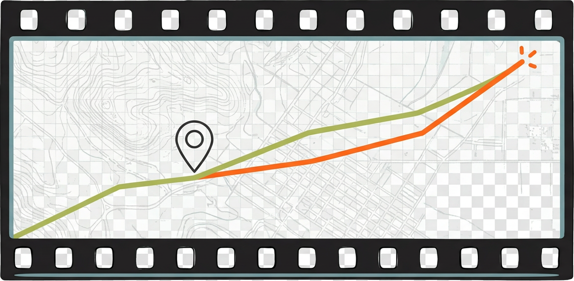 SEO Video Lab logo: a vintage film frame with a map pin and two rising lines representing organic search and AI visibility growth